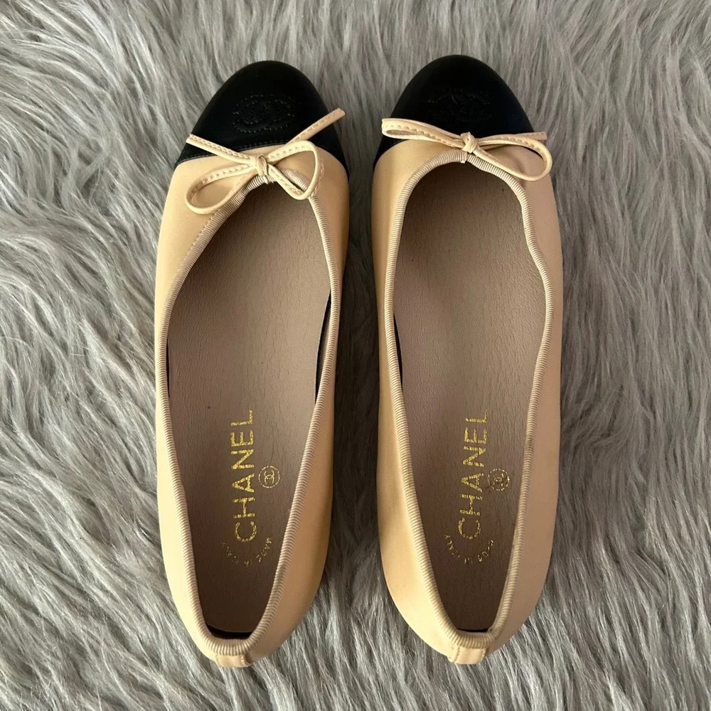 CHANEL Ballet Flats Women's Size 41 Two Tone Beige Black Shoes Lambskin CC Logo